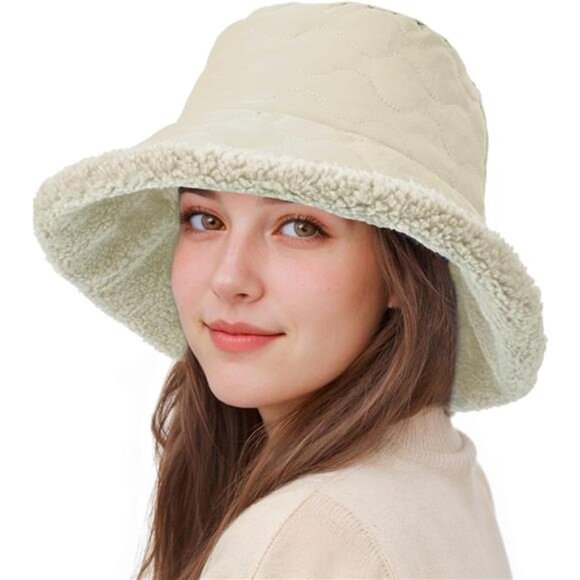 Women\'s Fuzzy Bucket Hat Wide Brim Faux Fur Winter Warm Hat, Off-white main image 4